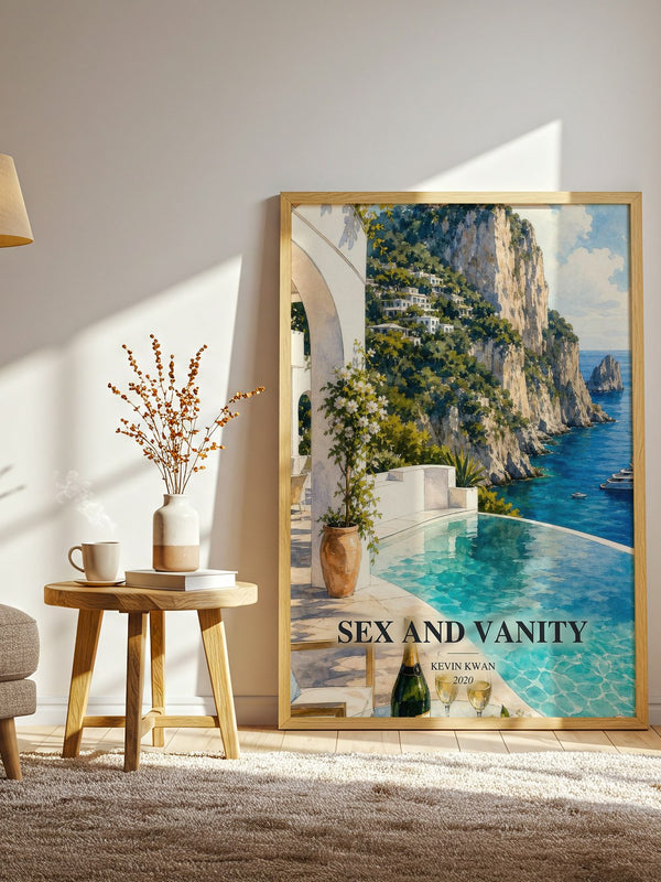 Sex and Vanity watercolour print in frame leaning in hallway – contemporary fiction wall art