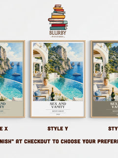 Sex and Vanity book cover print in frame leaning in hallway – contemporary fiction wall art
