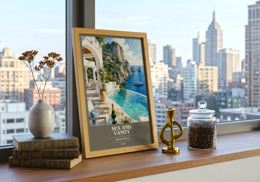 Sex and Vanity book cover print framed by window – literary home decor