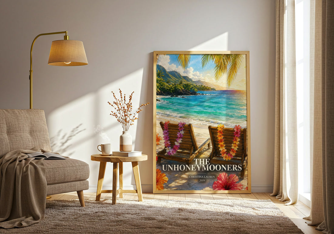 The Unhoneymooners watercolour print in frame leaning in hallway – romance wall art (mockup)
