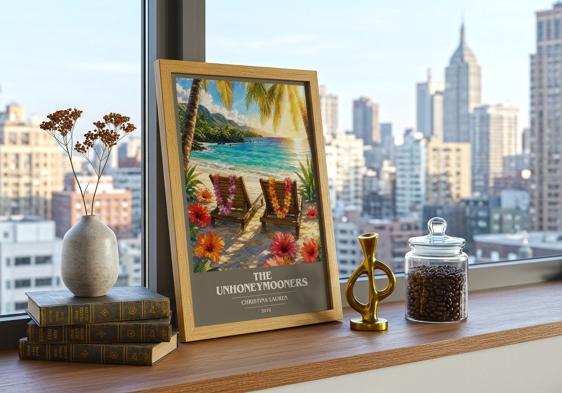 The Unhoneymooners book cover print framed by window – literary home decor