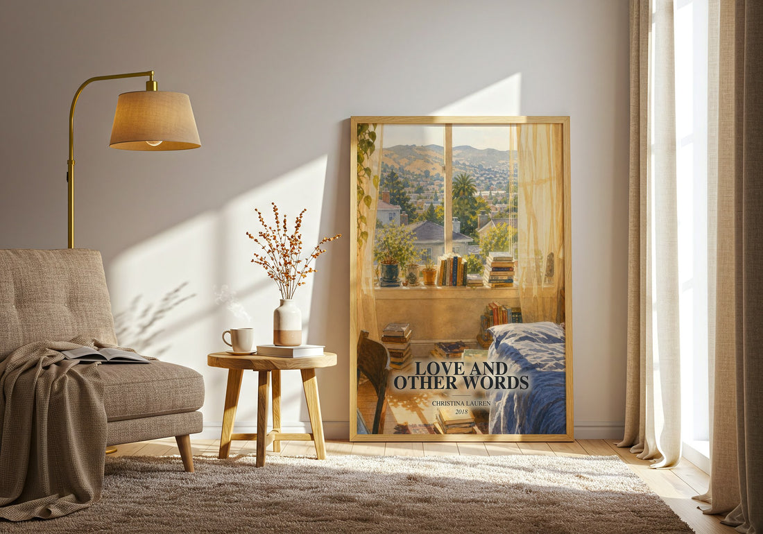 Love and Other Words watercolour print in frame leaning in hallway – romance wall art (mockup)