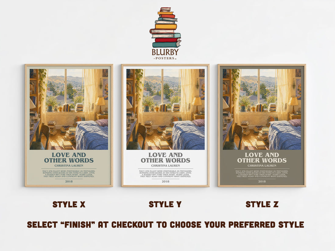 Love and Other Words bookish print in frame leaning in hallway – romance wall art (mockup)