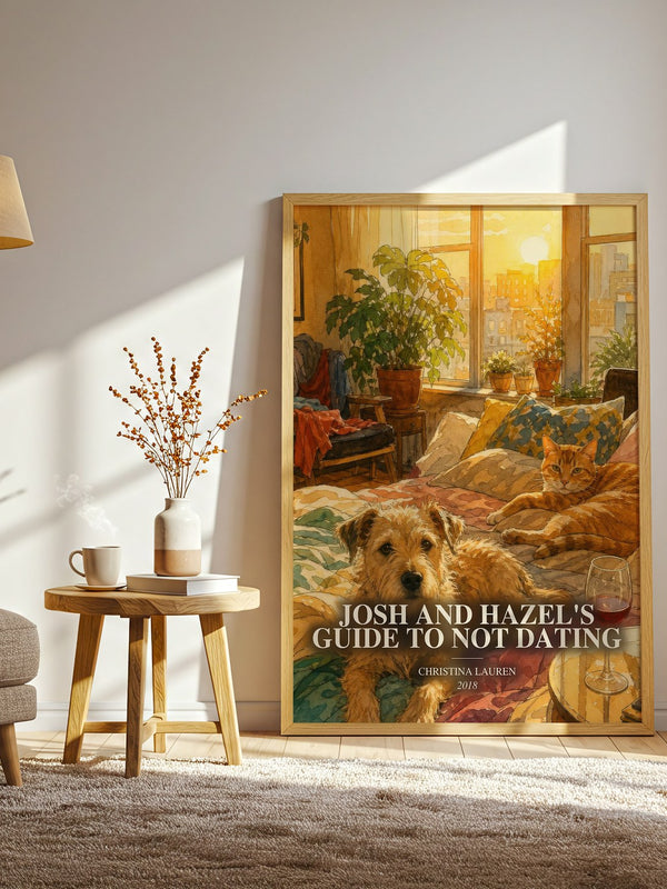 Josh and Hazel's Guide to Not Dating watercolour print in frame leaning in hallway – romance wall art