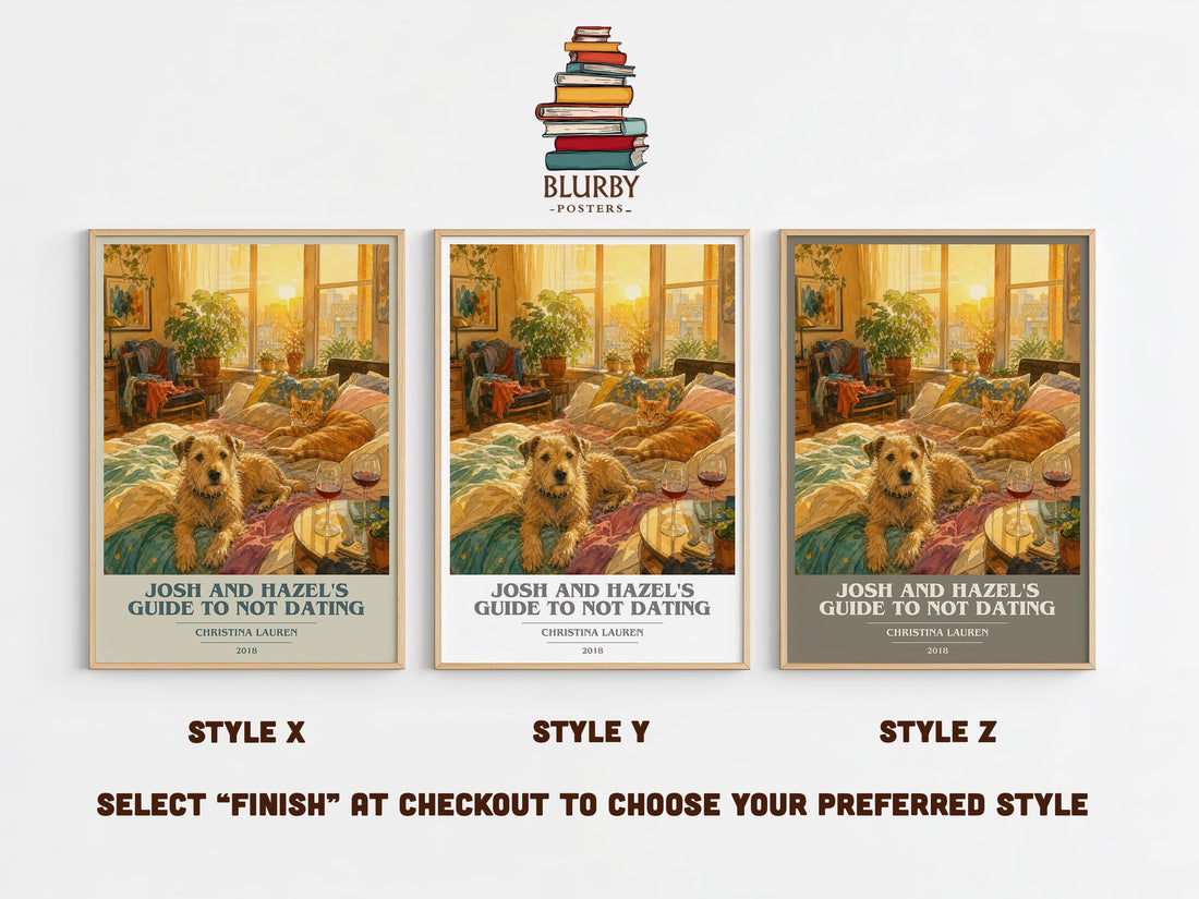 Josh and Hazel's Guide to Not Dating book cover print in frame leaning in hallway – romance wall art (mockup)