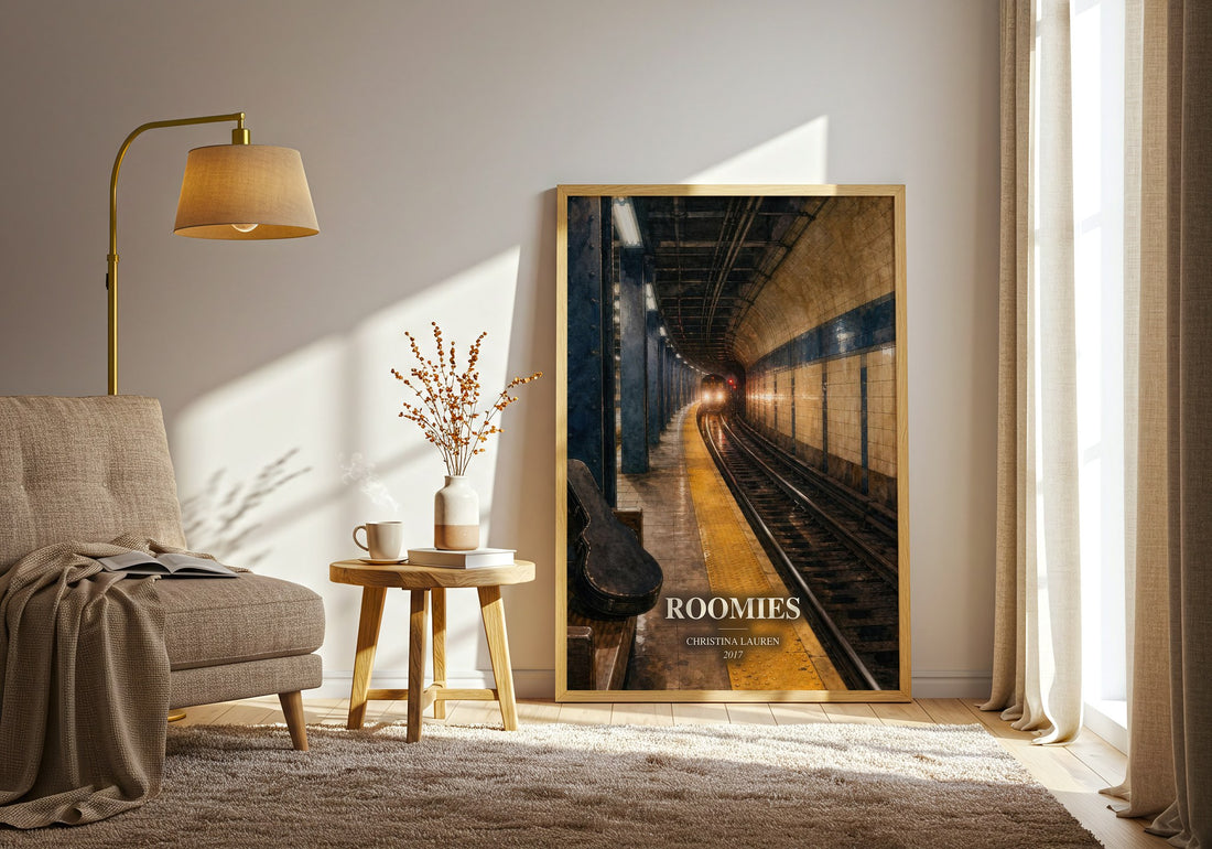 Roomies watercolour print in frame leaning in hallway – romance wall art (mockup)