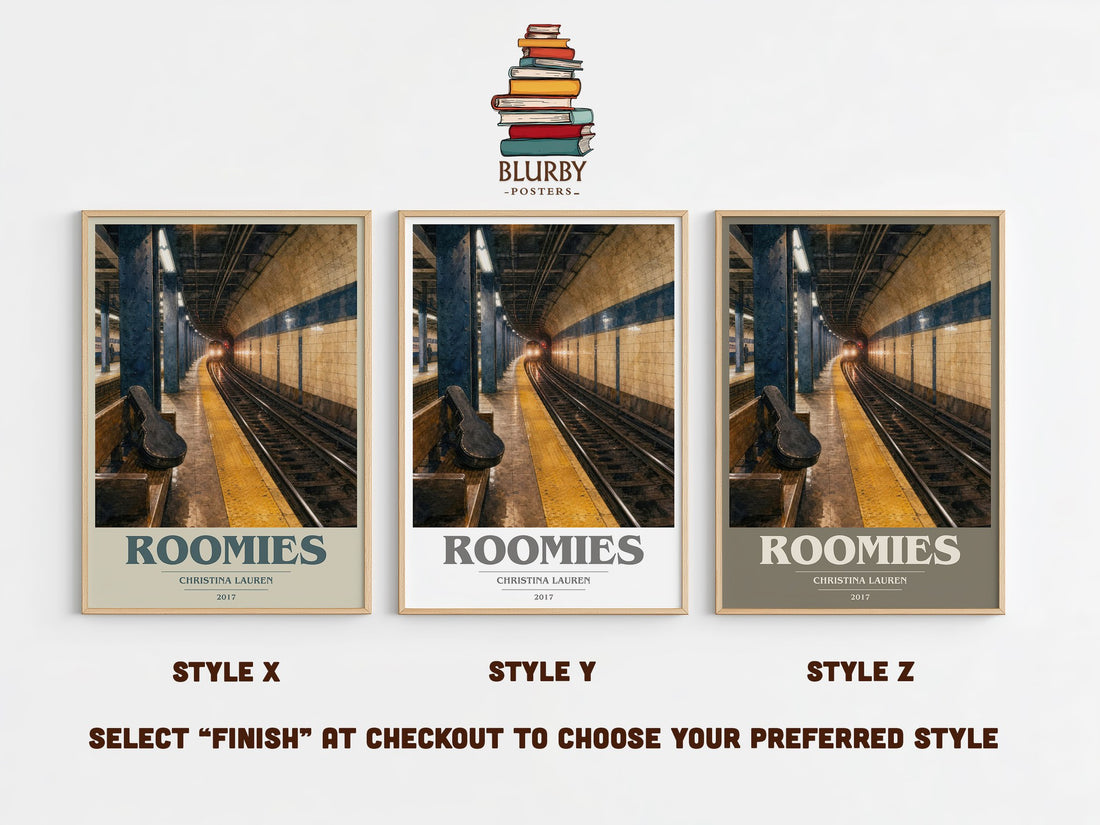 Roomies book cover print in frame leaning in hallway – romance wall art (mockup)