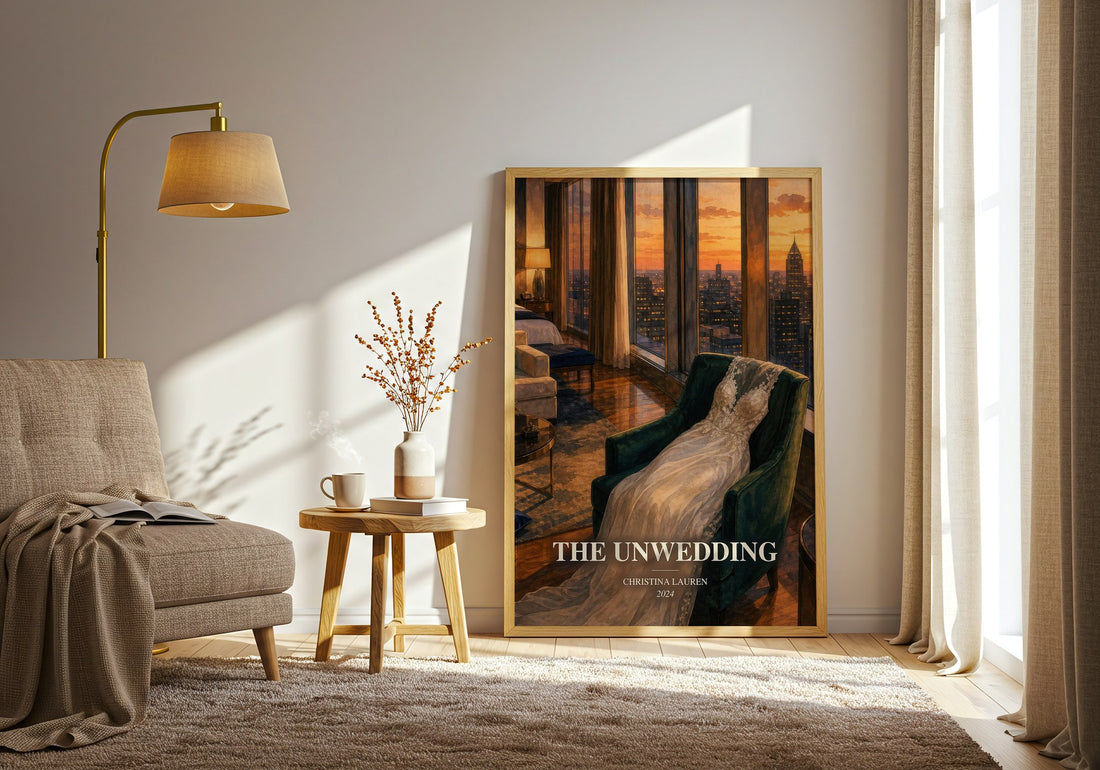 The Unwedding watercolour print in frame leaning in hallway – romance wall art (mockup)