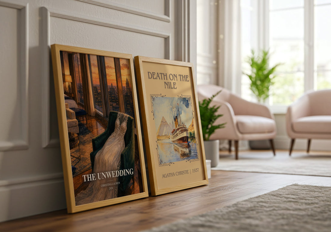 The Unwedding watercolour print framed by window – literary home decor