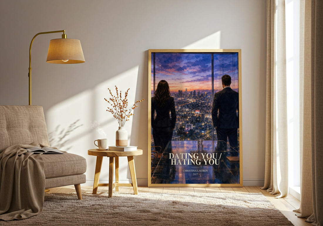 Dating You / Hating You watercolour print in frame leaning in hallway – romance wall art (mockup)