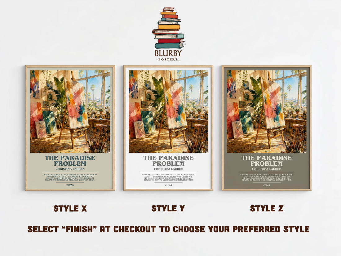 The Paradise Problem bookish print in frame leaning in hallway – romance wall art (mockup)