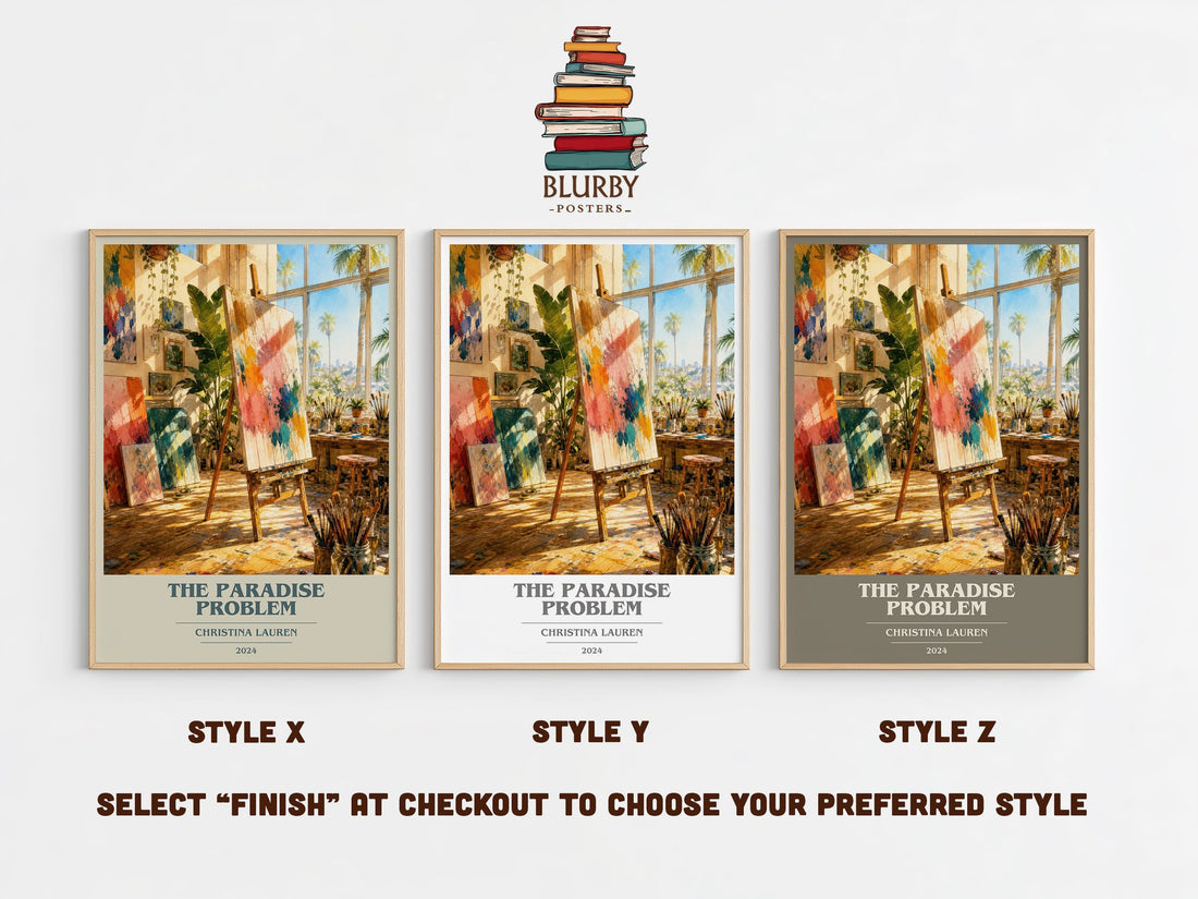The Paradise Problem book cover print in frame leaning in hallway – romance wall art (mockup)