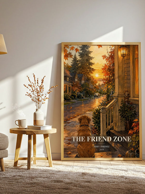 The Friend Zone watercolour print in frame leaning in hallway – romance wall art