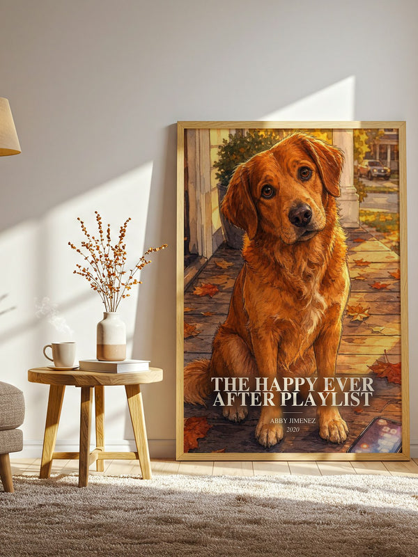 The Happy Ever After Playlist watercolour print in frame leaning in hallway – romance wall art