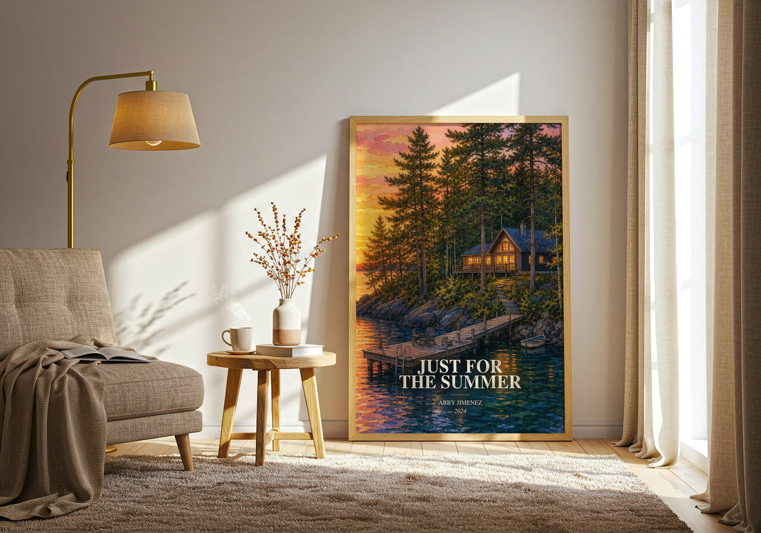 Just for the Summer watercolour print in frame leaning in hallway – romance wall art (mockup)
