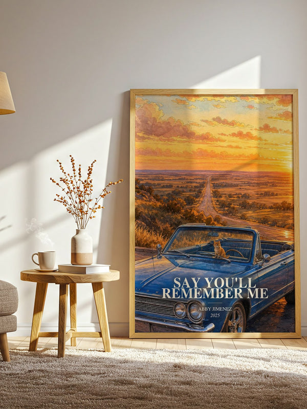 Say You'll Remember Me watercolour print in frame leaning in hallway – romance wall art