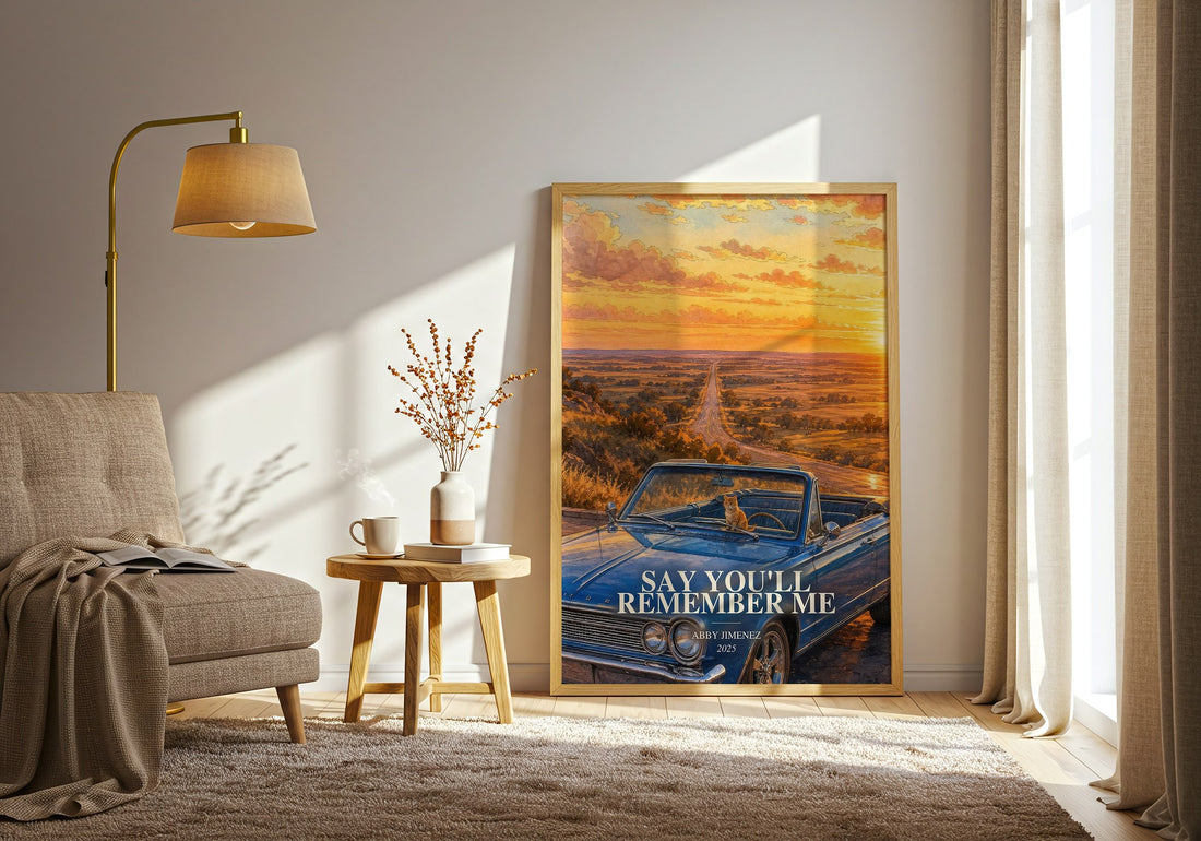 Say You'll Remember Me watercolour print in frame leaning in hallway – romance wall art (mockup)