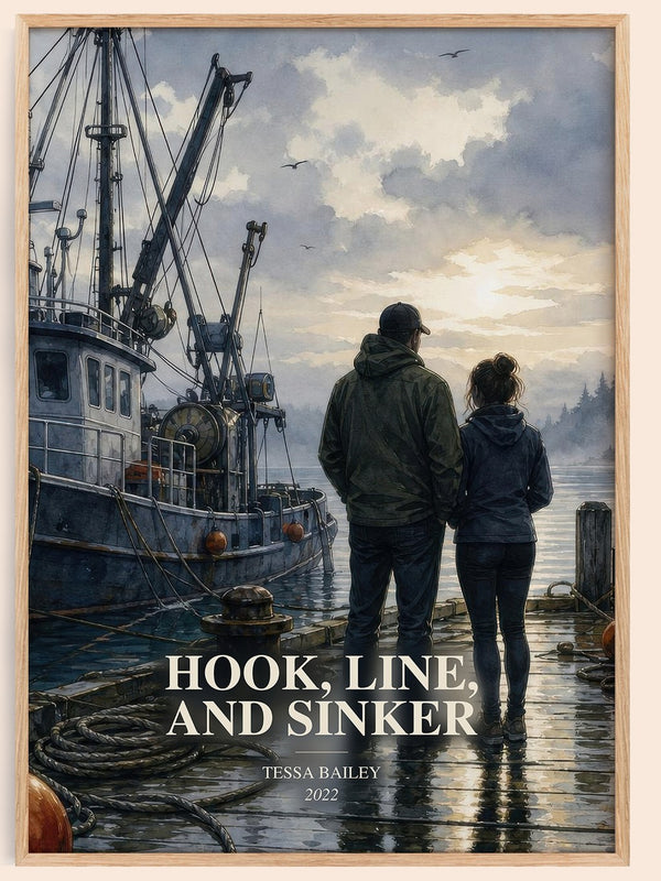 Hook, Line, and Sinker watercolour book poster by Tessa Bailey – framed literary art print