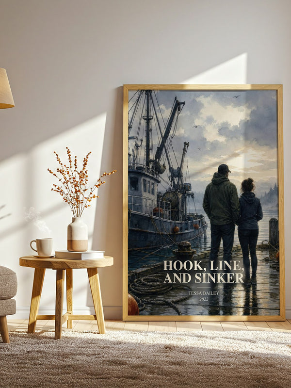 Hook, Line, and Sinker watercolour print in frame leaning in hallway – romance wall art