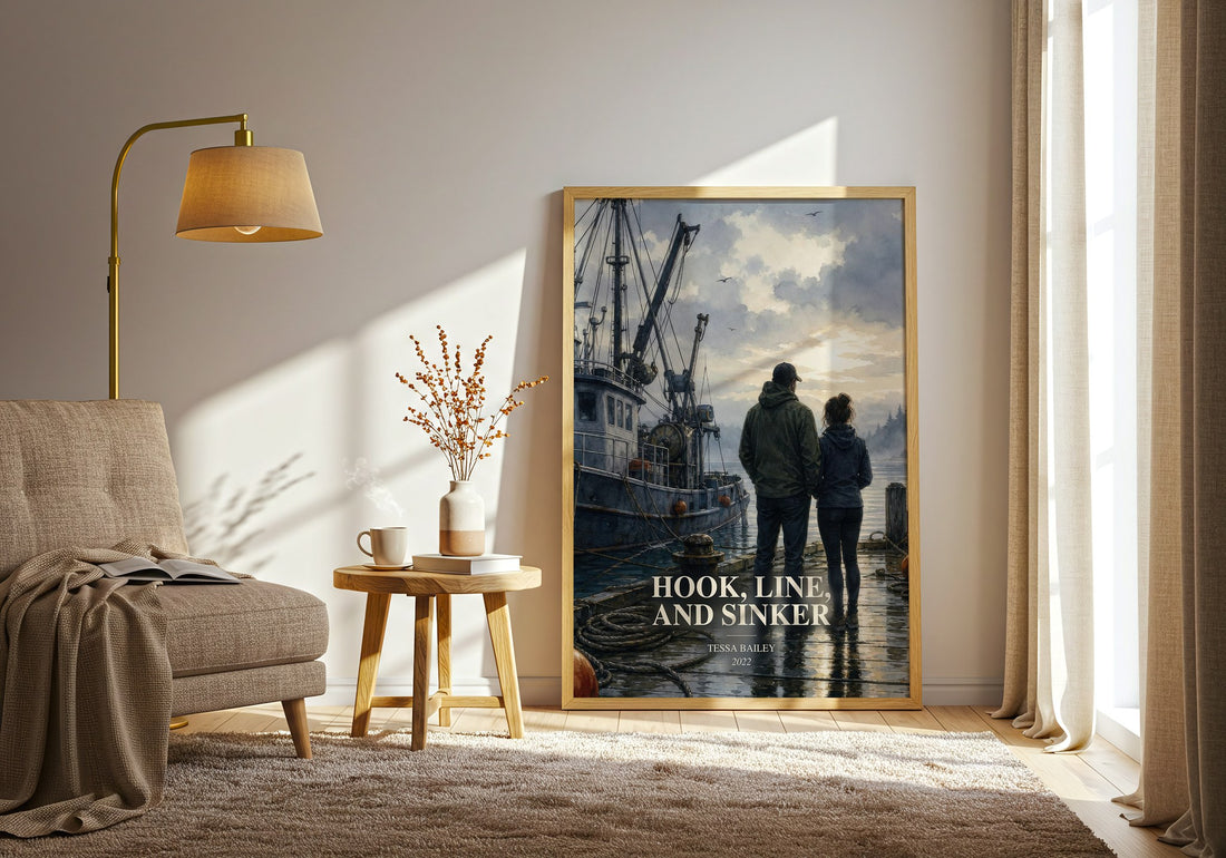 Hook, Line, and Sinker watercolour print in frame leaning in hallway – romance wall art (mockup)