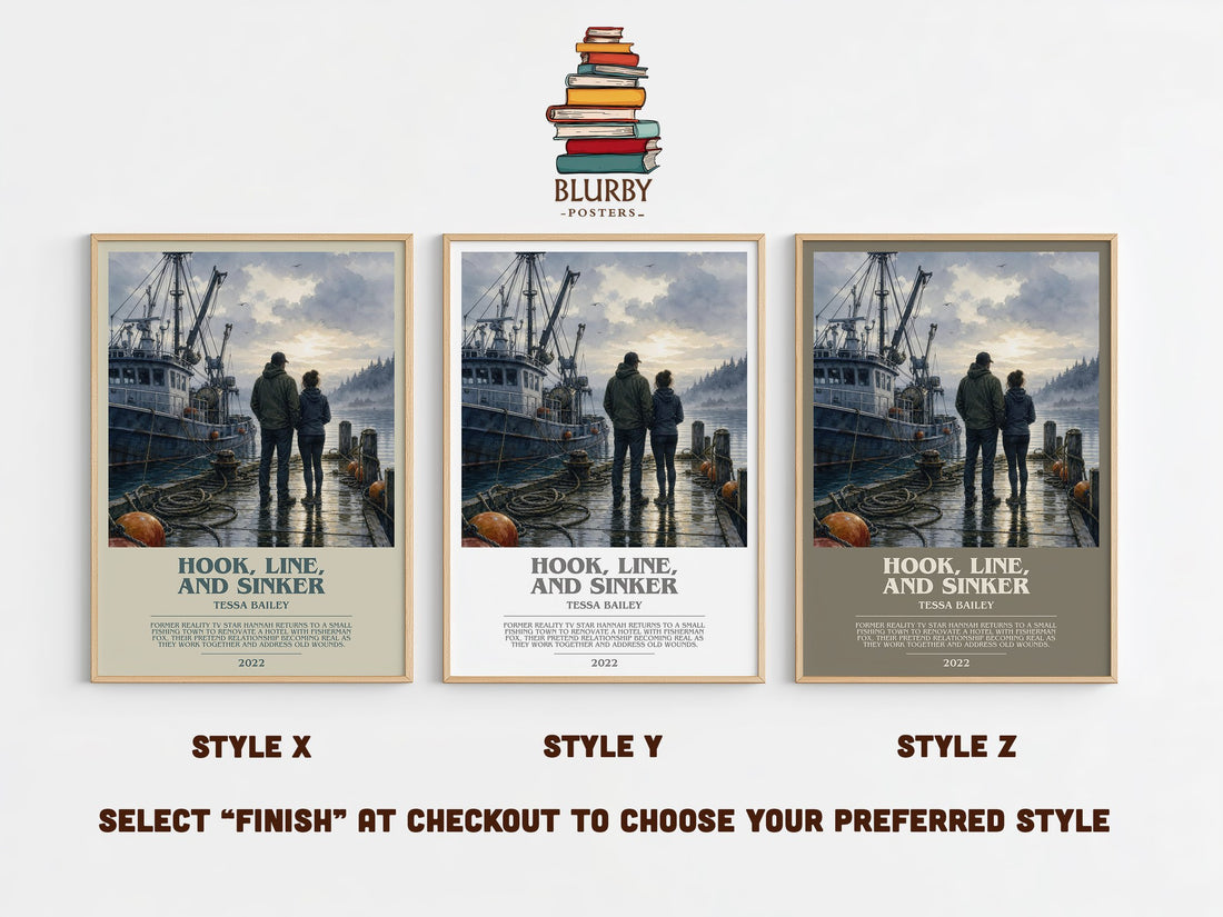 Hook, Line, and Sinker bookish print in frame leaning in hallway – romance wall art (mockup)
