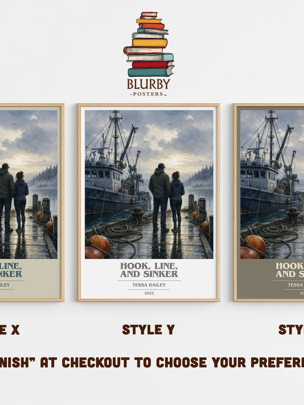 Hook, Line, and Sinker book cover print in frame leaning in hallway – romance wall art