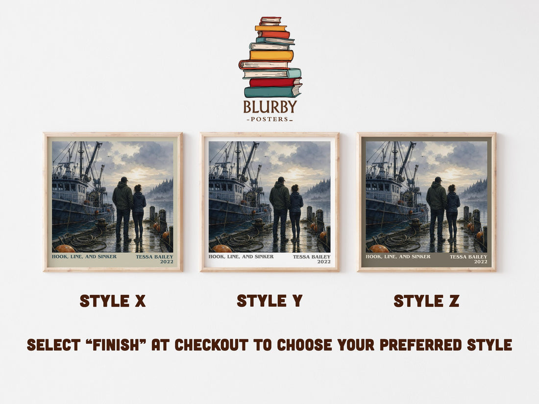 Hook, Line, and Sinker literary print in frame leaning in hallway – romance wall art (mockup)