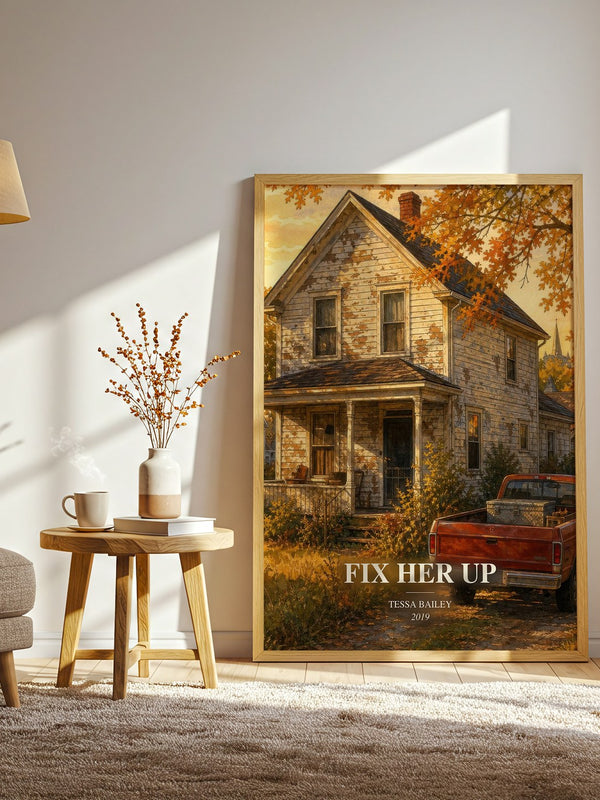 Fix Her Up watercolour print in frame leaning in hallway – romance wall art