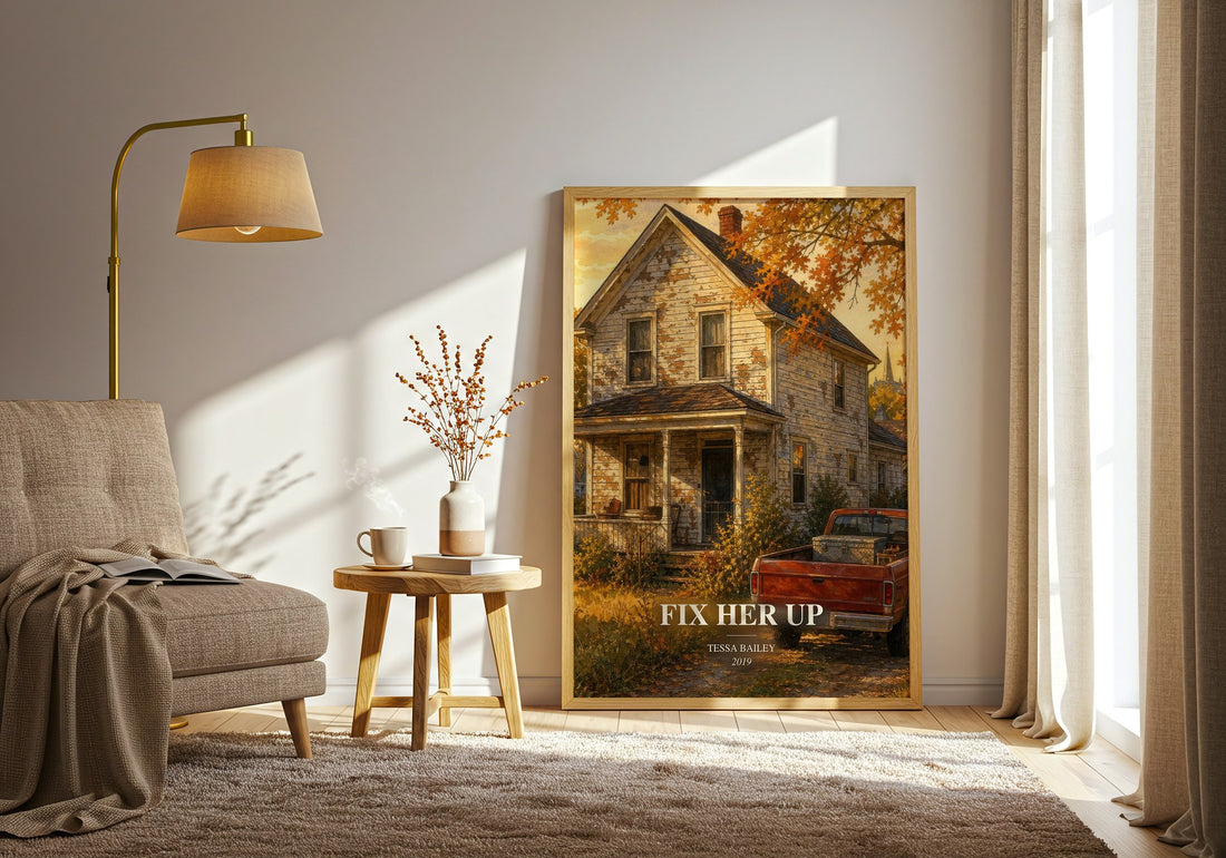 Fix Her Up watercolour print in frame leaning in hallway – romance wall art (mockup)