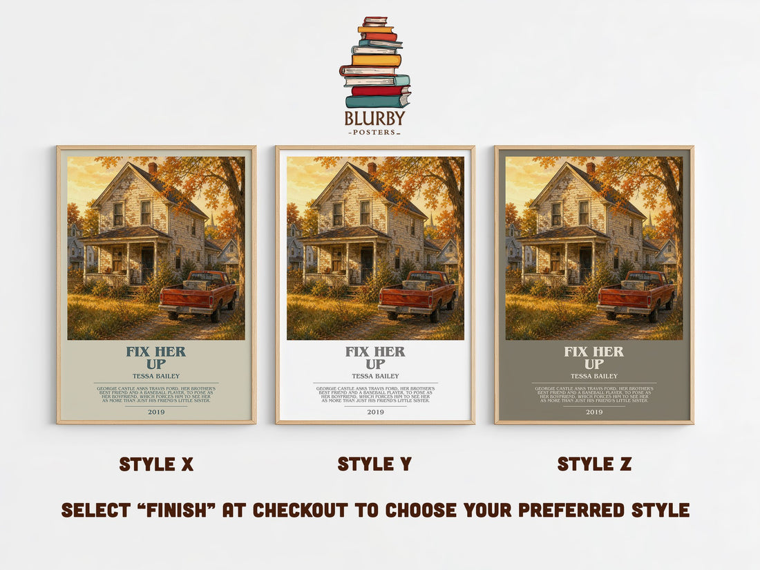 Fix Her Up bookish print in frame leaning in hallway – romance wall art (mockup)