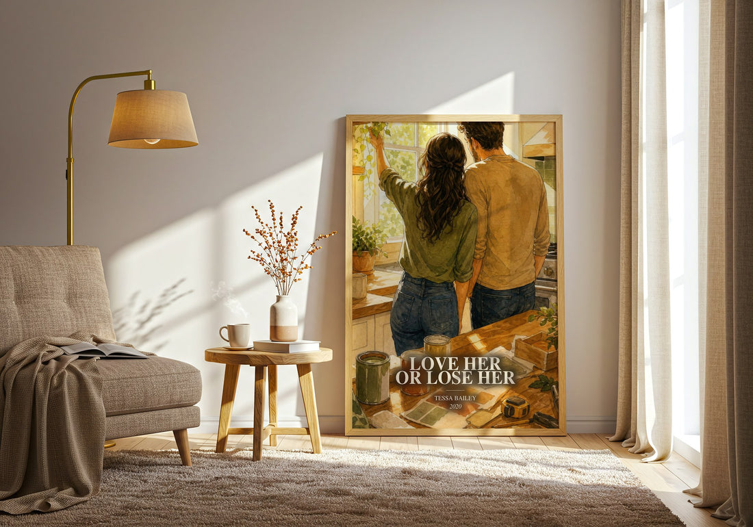 Love Her or Lose Her watercolour print in frame leaning in hallway – romance wall art (mockup)