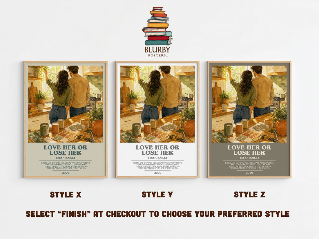 Love Her or Lose Her bookish print in frame leaning in hallway – romance wall art (mockup)