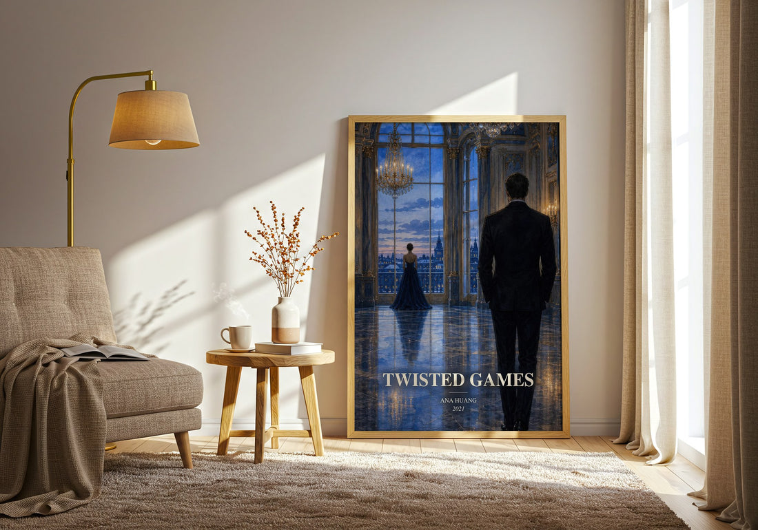 Twisted Games watercolour print in frame leaning in hallway – romance wall art (mockup)