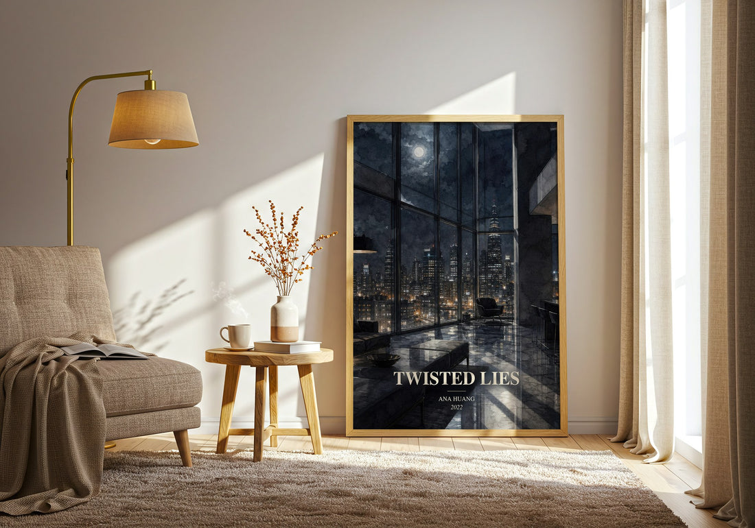 Twisted Lies watercolour print in frame leaning in hallway – romance wall art (mockup)
