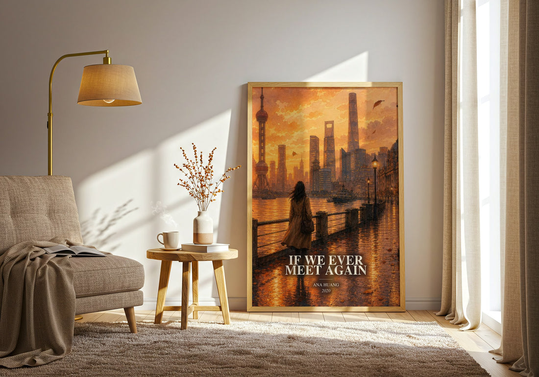 If We Ever Meet Again watercolour print in frame leaning in hallway – romance wall art (mockup)