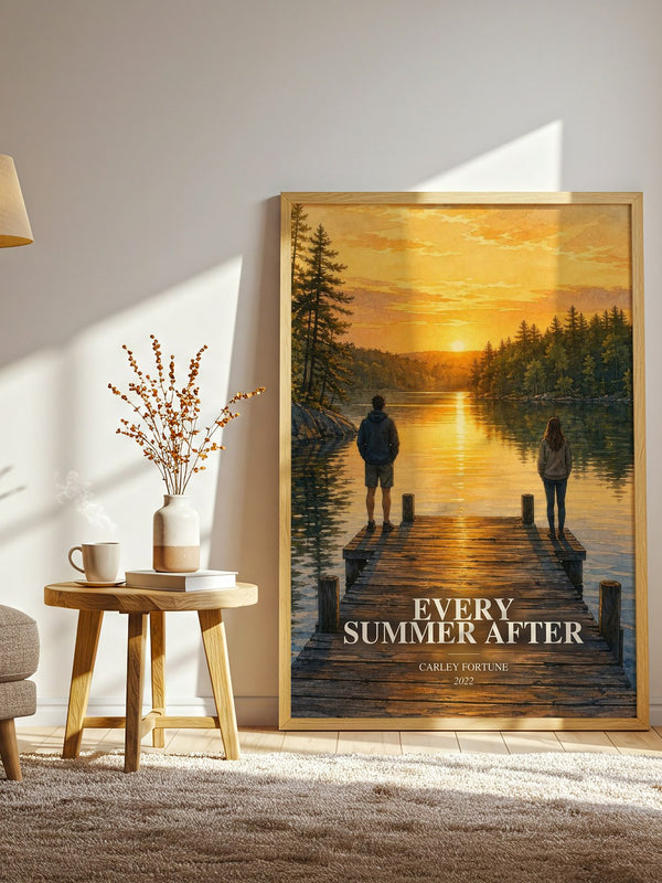 Every Summer After watercolour print in frame leaning in hallway – romance wall art