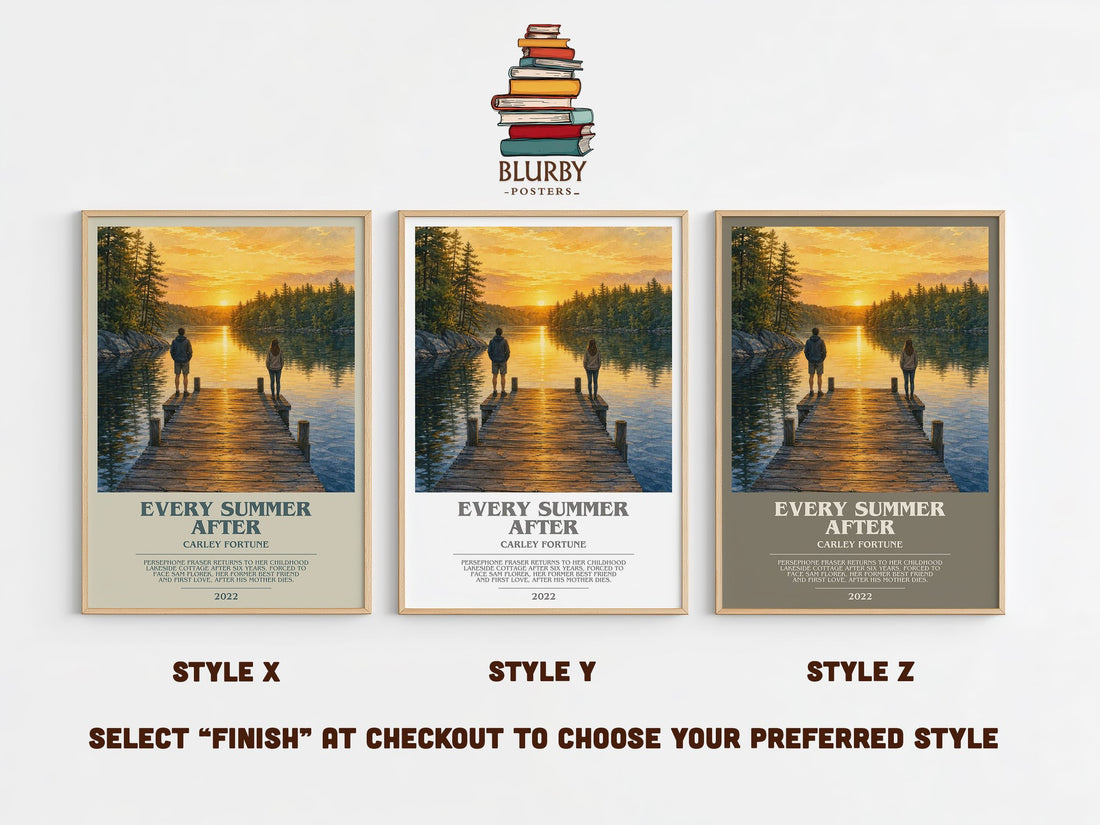 Every Summer After bookish print in frame leaning in hallway – romance wall art (mockup)