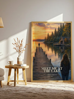 Meet Me at the Lake watercolour print in frame leaning in hallway – romance wall art