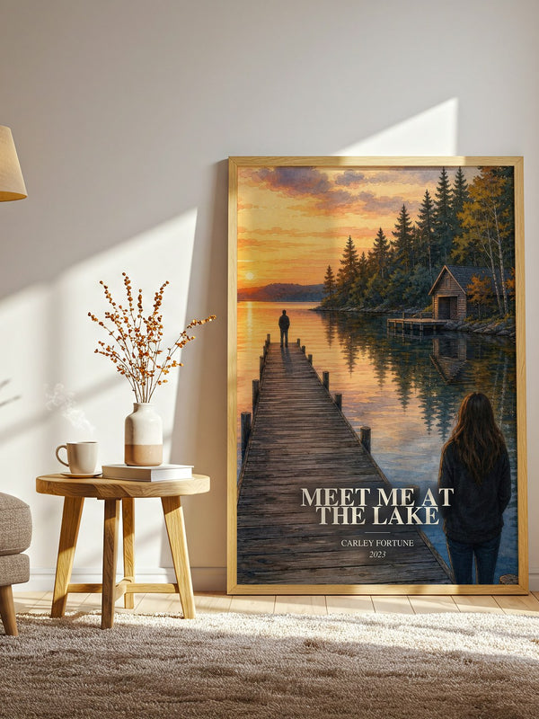 Meet Me at the Lake watercolour print in frame leaning in hallway – romance wall art