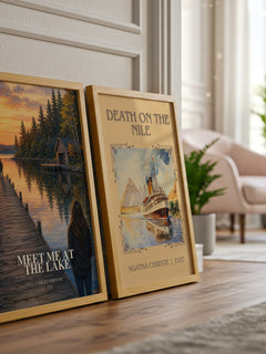 Meet Me at the Lake watercolour print framed by window – literary home decor