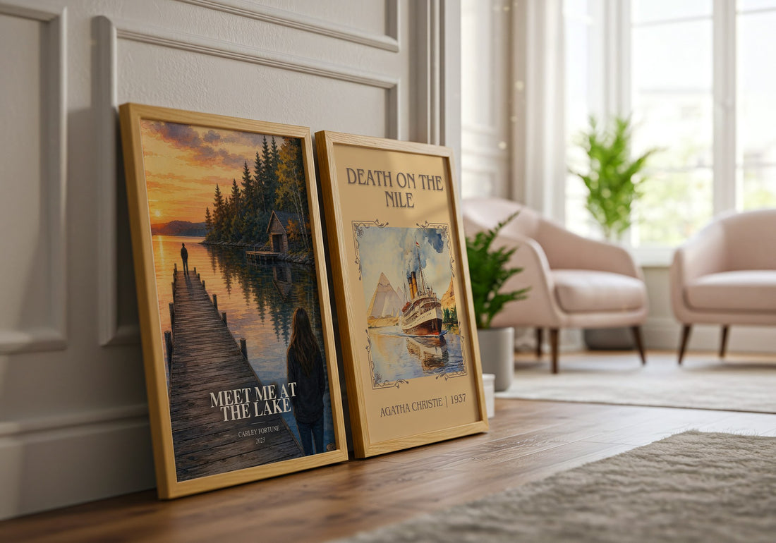 Meet Me at the Lake watercolour print framed by window – literary home decor