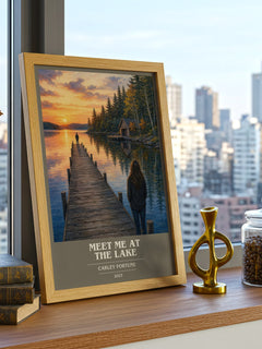 Meet Me at the Lake book cover print framed by window – literary home decor