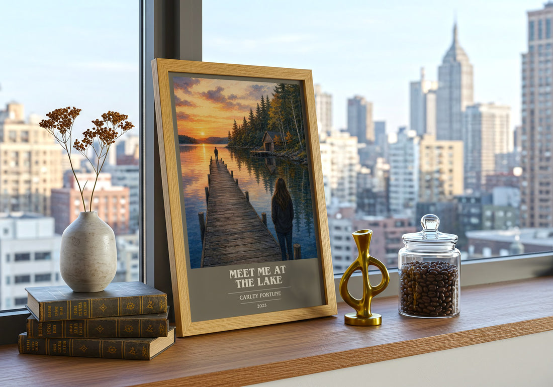 Meet Me at the Lake book cover print framed by window – literary home decor