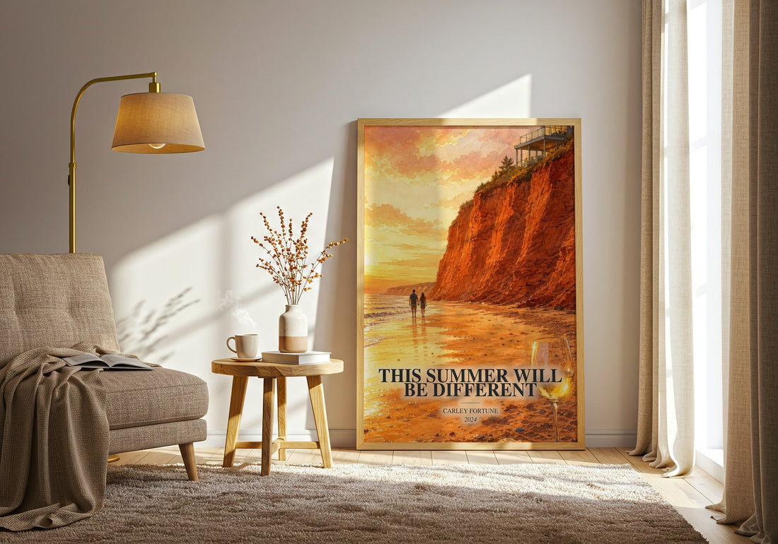 This Summer Will Be Different watercolour print in frame leaning in hallway – romance wall art (mockup)