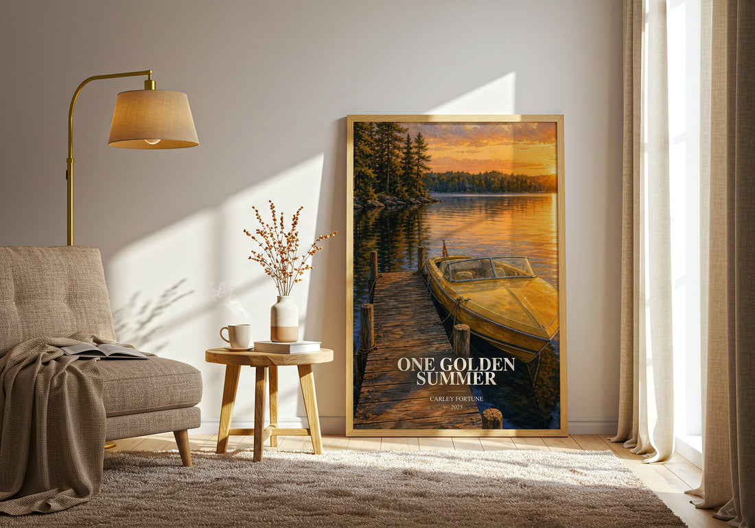 One Golden Summer watercolour print in frame leaning in hallway – romance wall art (mockup)