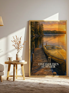 One Golden Summer Book Watercolour Illustration by Carley Fortune – framed print in a lamp-lit living room