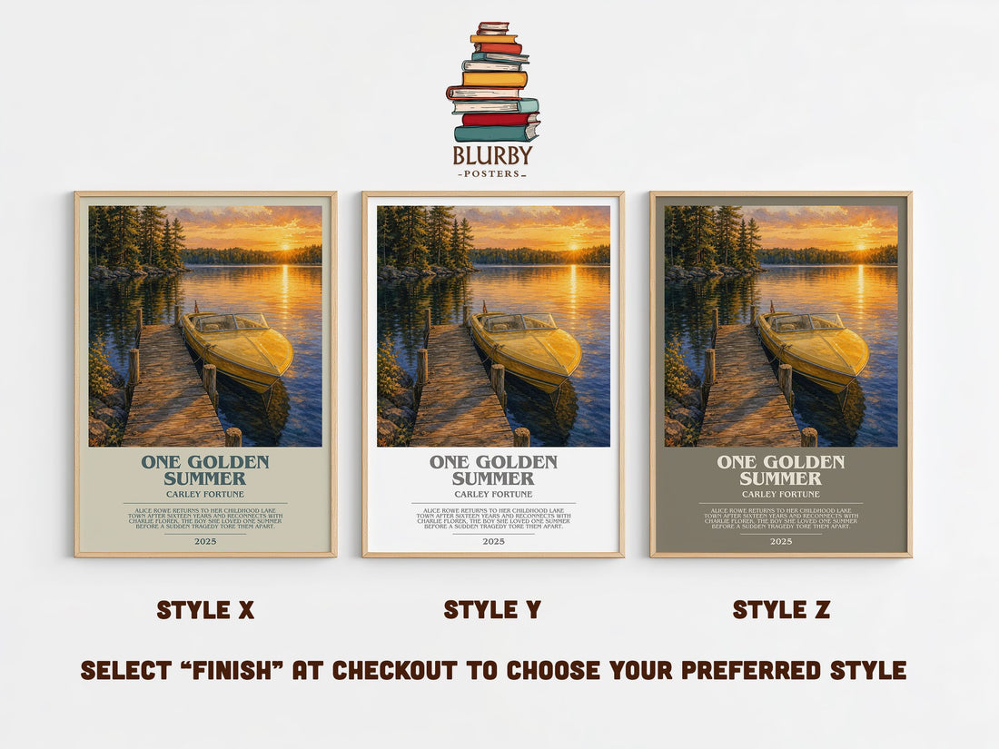 One Golden Summer bookish print in frame leaning in hallway – romance wall art (mockup)