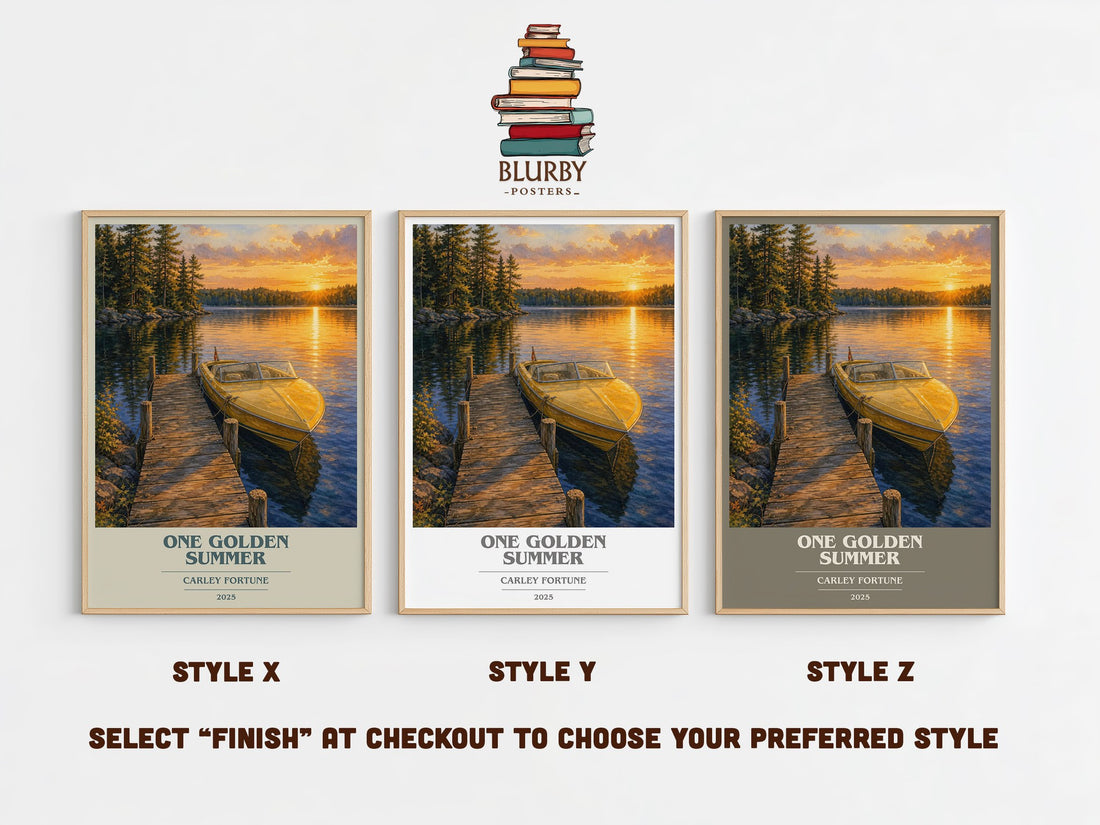 One Golden Summer book cover print in frame leaning in hallway – romance wall art (mockup)