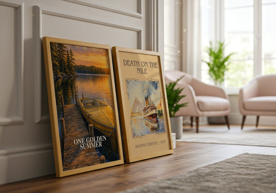 One Golden Summer Book Watercolour Illustration by Carley Fortune – framed print leaning beside a second print