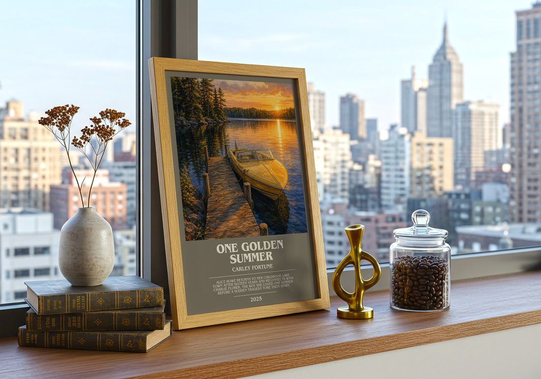 One Golden Summer bookish print framed by window – literary home decor